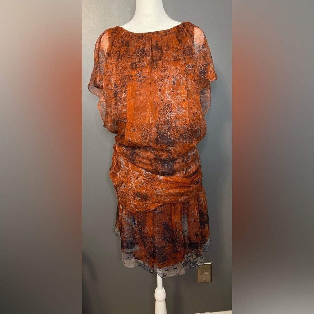 Leon Max Limited Edition 100% Silk Dress Size 8‎ Sheer Sleeve Draped Waist